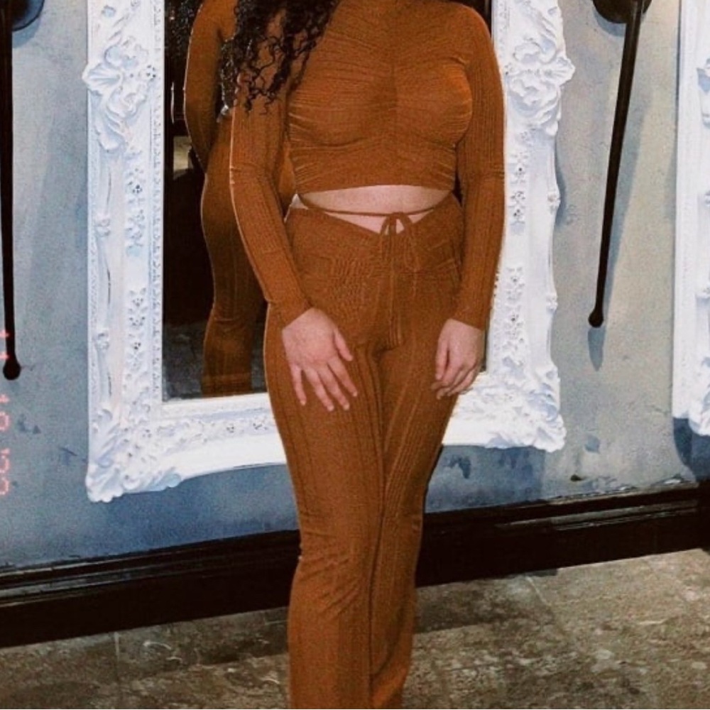 Women's Brown Ribbed Pants & Jumpsuit Set